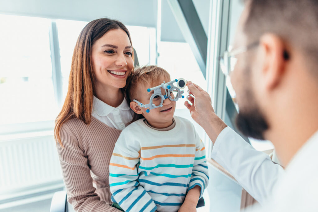 Mother and young son at a local eye doctor